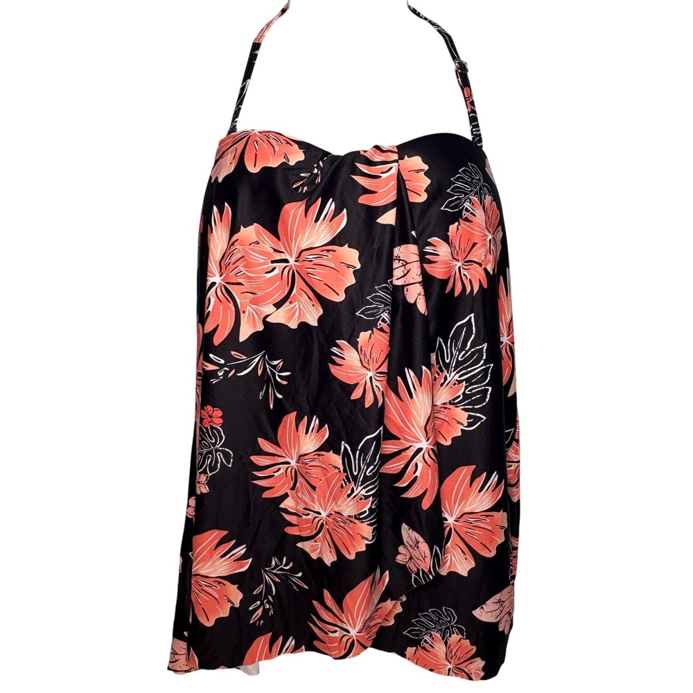 Floral Tankini L Swim‎ Top Halter Neck Black Coral Pink Hawaiian Tropical Swim